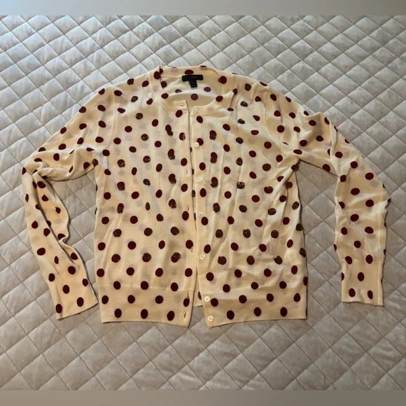 🍒 J.Crew Polka Dot Cardigan Sweater – Cream with Burgundy Dots & Sequins - Picture 1 of 3